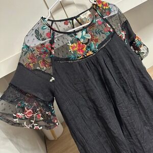 Umgee Fairy Floral Embroidered Mini Dress Bell Sleeve Black Boho Womens S Flowy